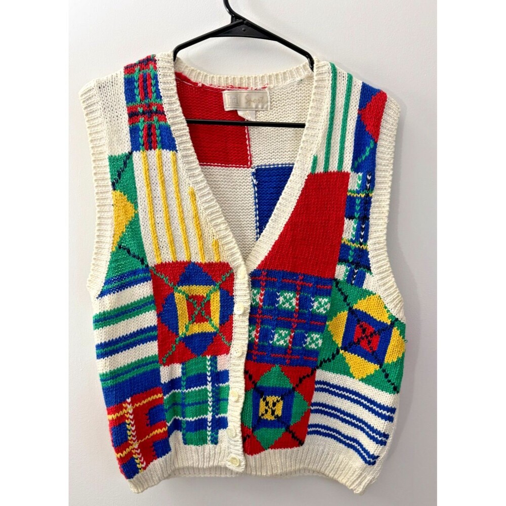 Knit Quirky Vest Sweater Vintage 80s Women's Large Colorful Vibrant Colorblock